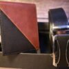 Black belt with lock -and dual tone leather wallet