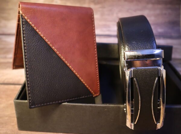 Black belt with lock -and dual tone leather wallet