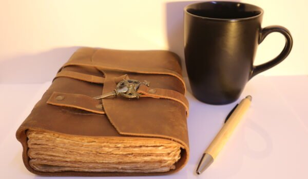 Vintage journal, black cup and pen combo