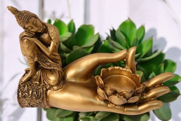 Resting Buddha on Hand with Lotus Shape Stand - Image 3