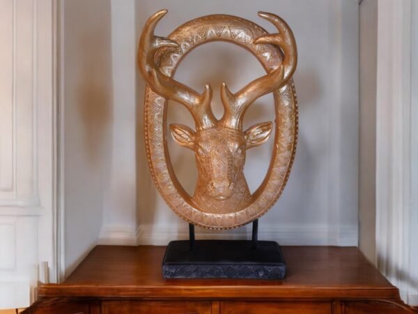 Golden Giraffe Head Sculpture in Round Frame - Image 2