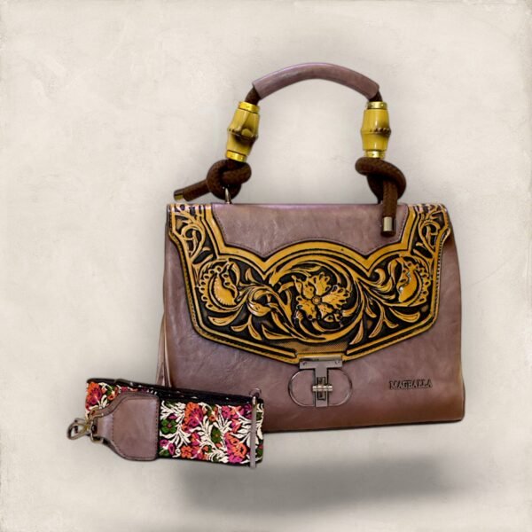 Elegant Embossed Handbag with Jacquard Sling - Image 3