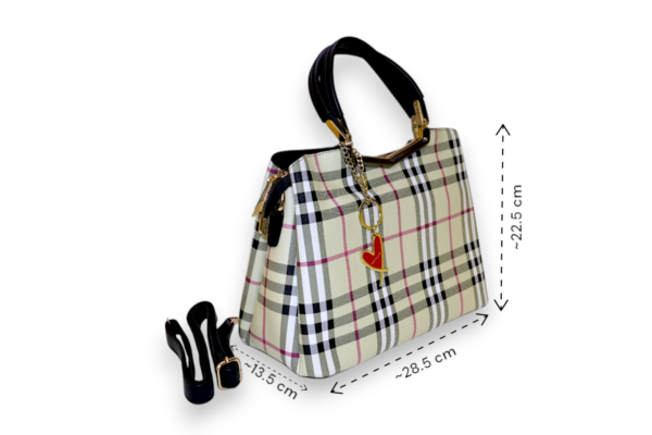 Chic Checkered Handbag with Heart Charm - Image 2
