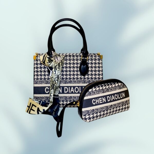 Elegant Houndstooth Handbag with Matching Pouch - Image 2