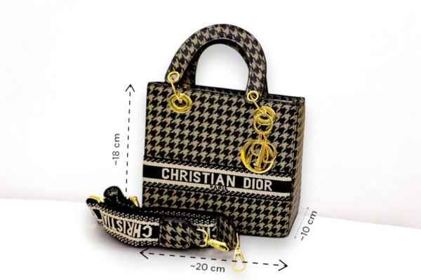 Elegant & Stylish Houndstooth Handbag with Gold Accents - Image 4