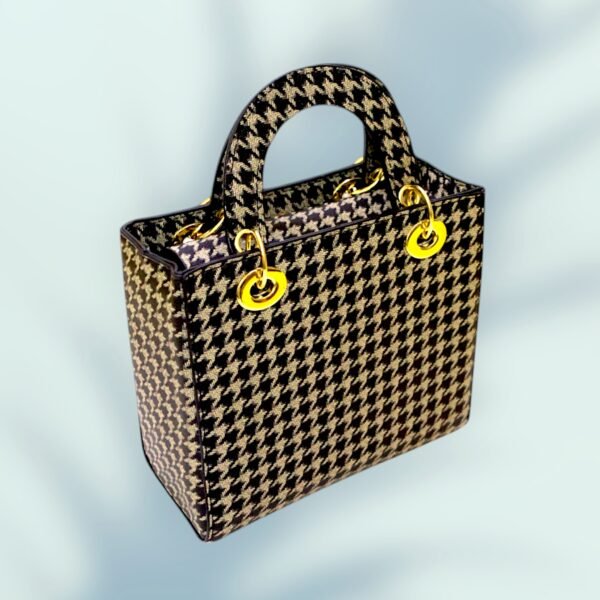 Elegant & Stylish Houndstooth Handbag with Gold Accents - Image 3