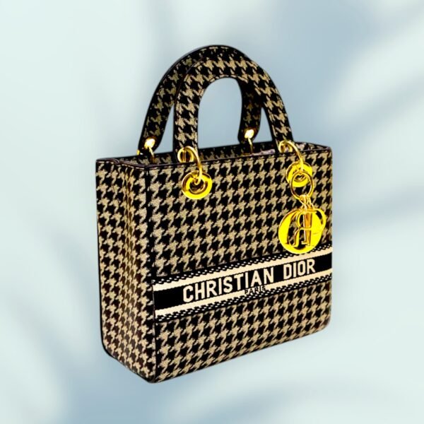Elegant & Stylish Houndstooth Handbag with Gold Accents - Image 2