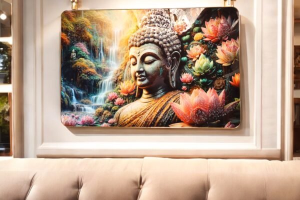 Serene Buddha Waterfall Scenery with Embedded Crystals