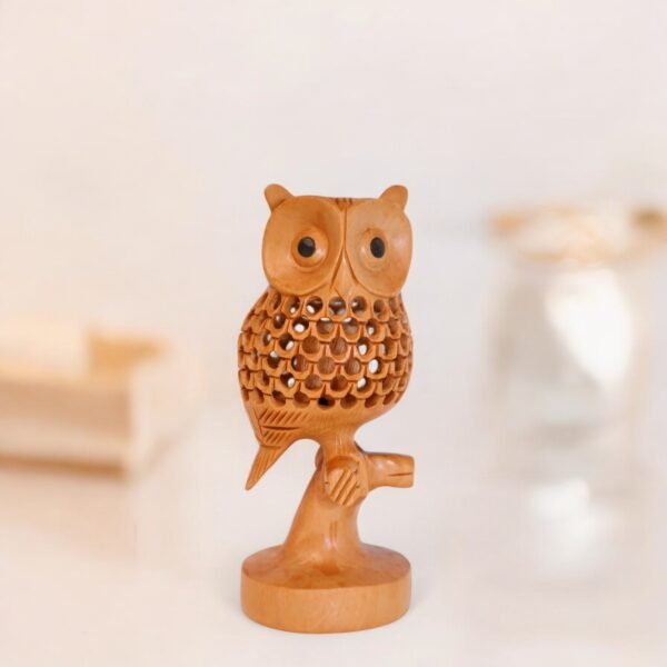 Handcrafted Solid Wood Owl with Intricate Inner Carving - Image 2