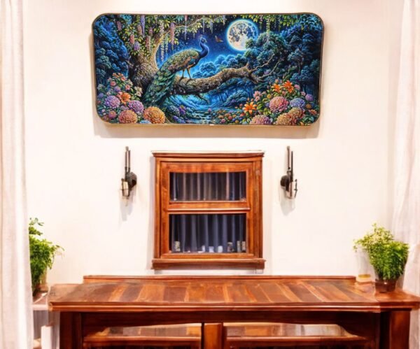 Detailed natural night scenery with describing a beautiful jungle and a peacock sitting on a tree in night with embedded crystals in golden round frame.