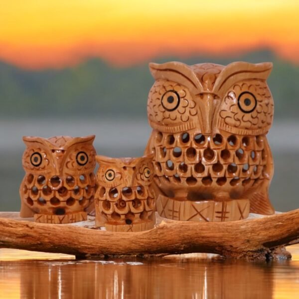 Set of Three Owls carved from the wood with excellent mesh work.