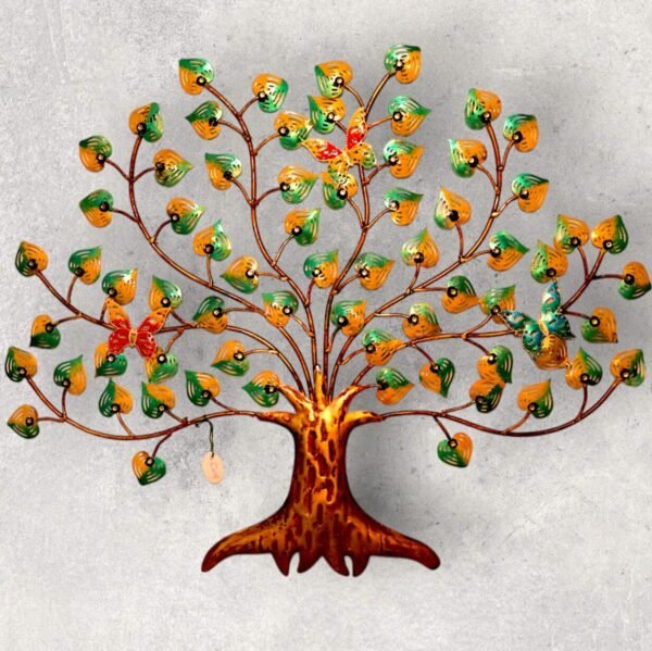 A metal tree decor with colorful leaves and butterfly.