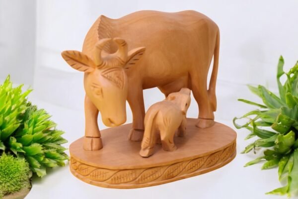 Hand-Carved Wooden Cow and Calf Figurine - Image 2