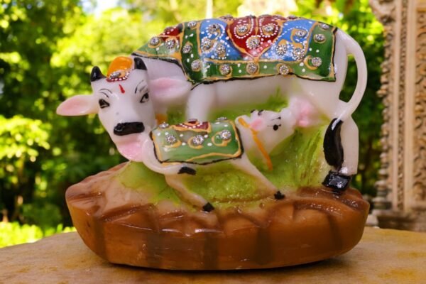 Cow & Calf Marble Dust Statue with Jewels - Image 4