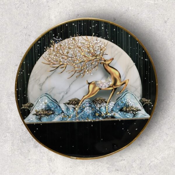 Abstract natural night scenery with embedded crystals in golden round frame.