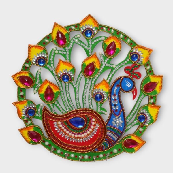 hand crafted key hanger depicting a peacock, hand painted and beautified using artificial pearl strings