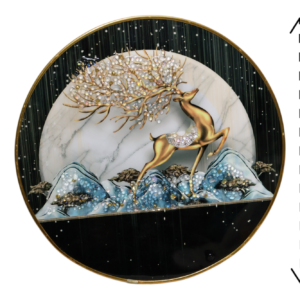 Abstract natural night scenery with embedded crystals in golden round frame.